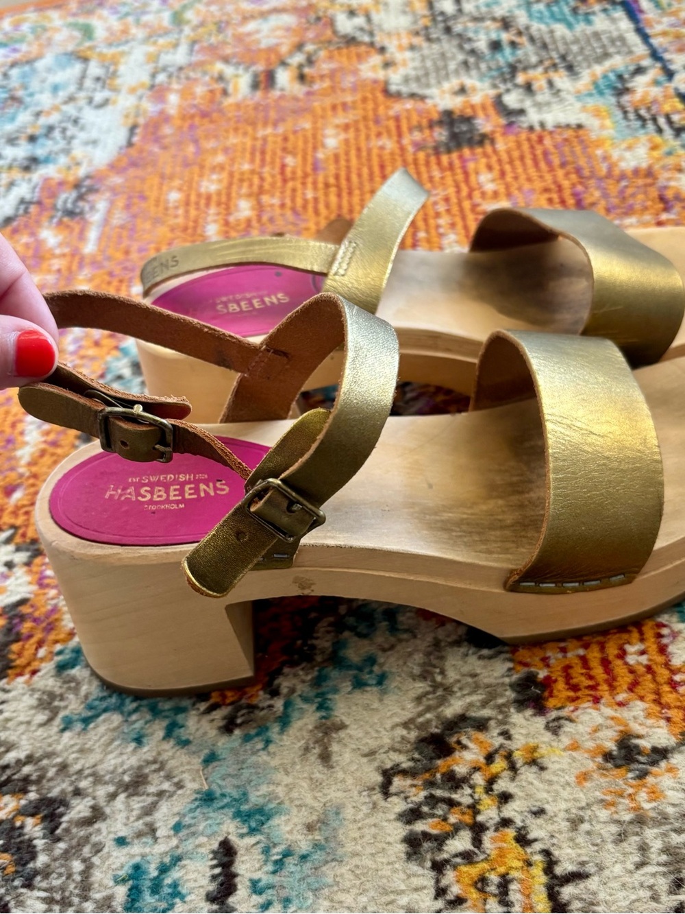 Swedish Hasbeens Metallic Gold Leather Platform Clogs